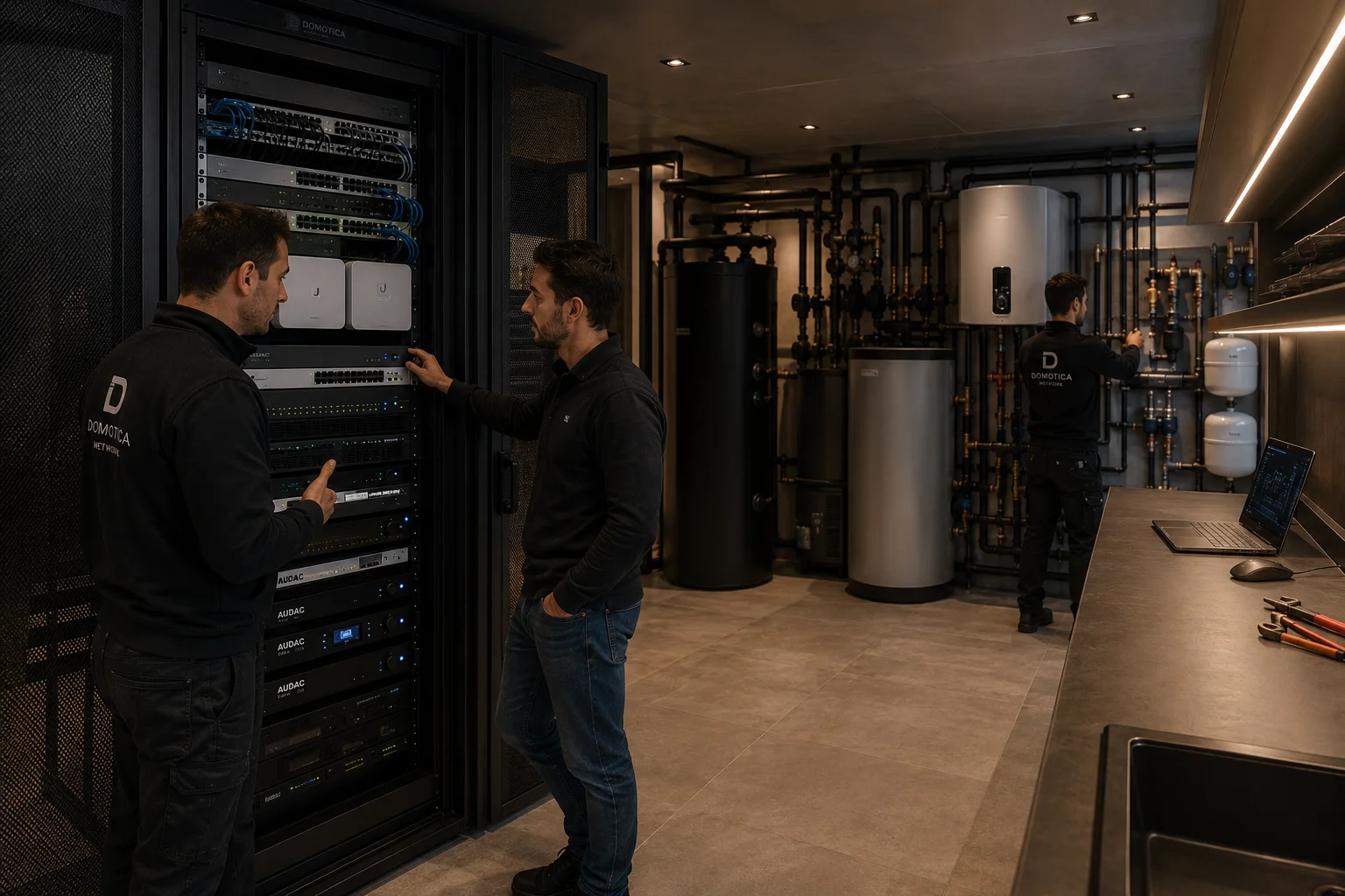 Nette 19-inch serverrack in een technische ruimte van een luxe villa met gestructureerde bekabeling