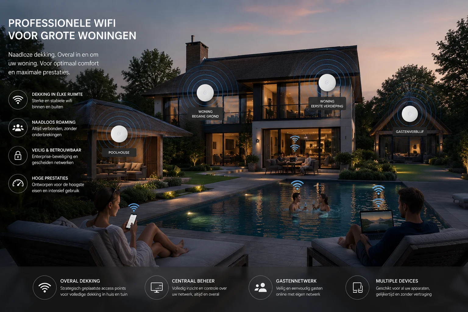 Grote moderne woonkamer van een villa met iPad en professionele WiFi-dekking