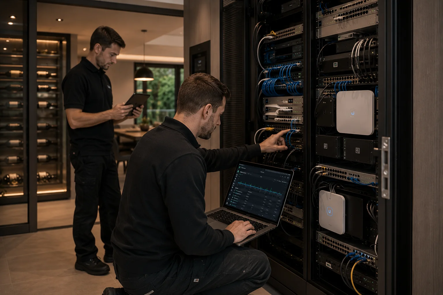 Technicus analyseert netwerklogs op laptop in technische ruimte van een villa
