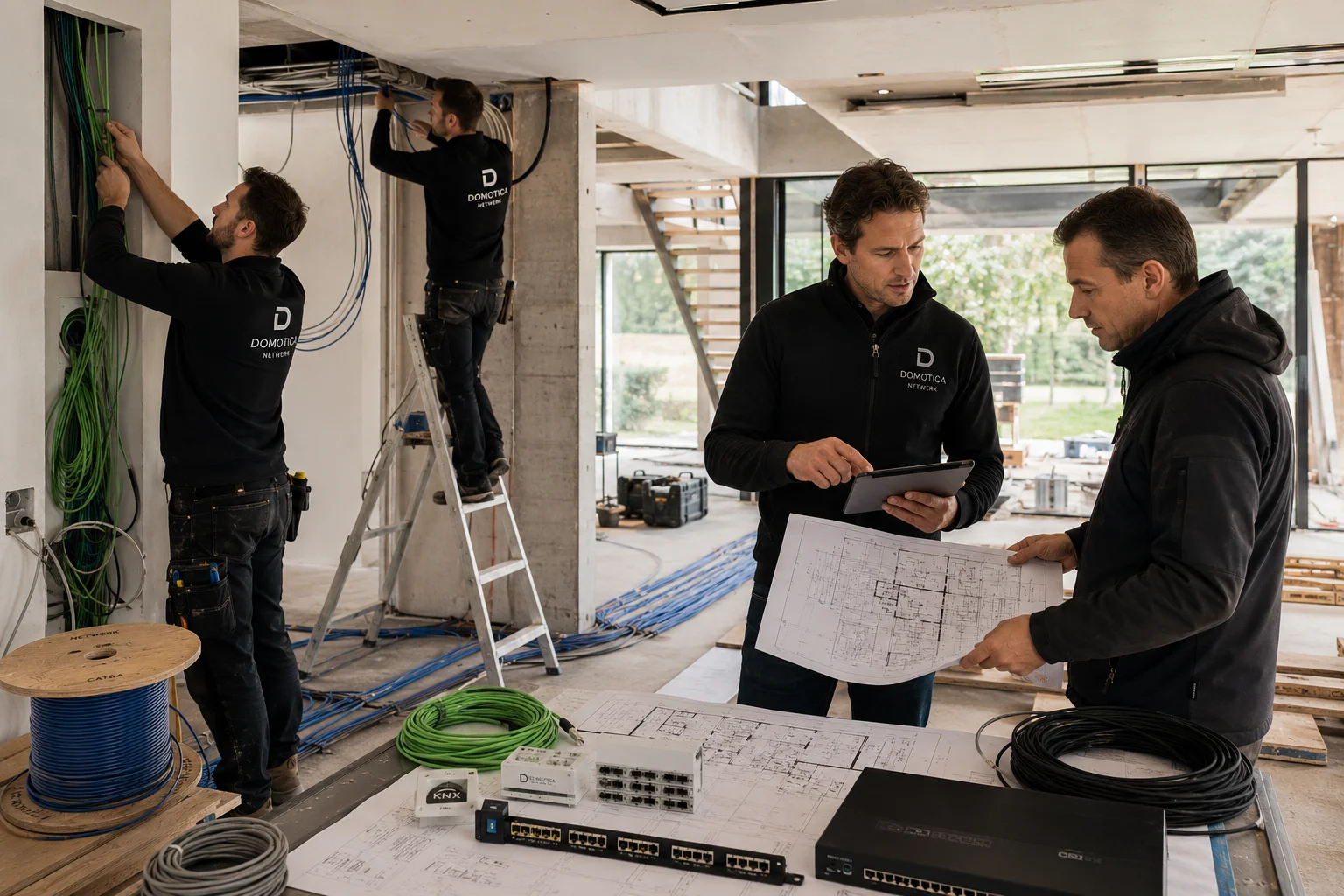 Gestructureerde netwerkkabels en patchpaneel in een technische ruimte van een villa