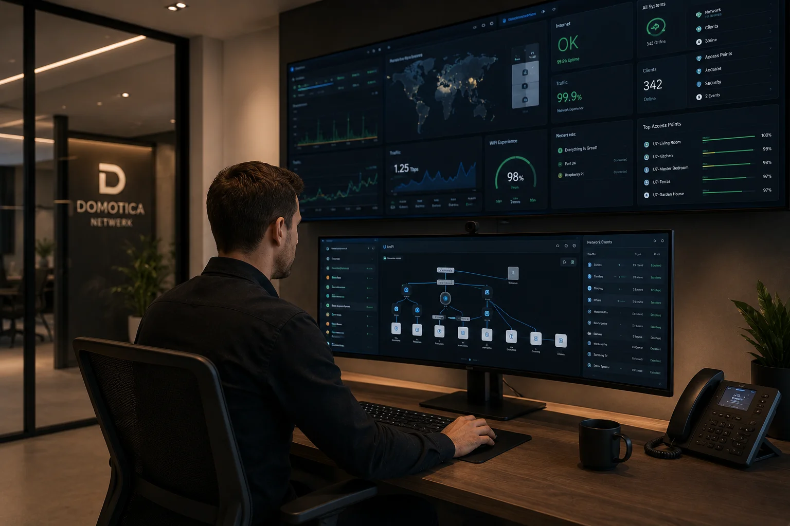 Dashboard met netwerk-monitoring statistieken voor een domotica-netwerk in een villa