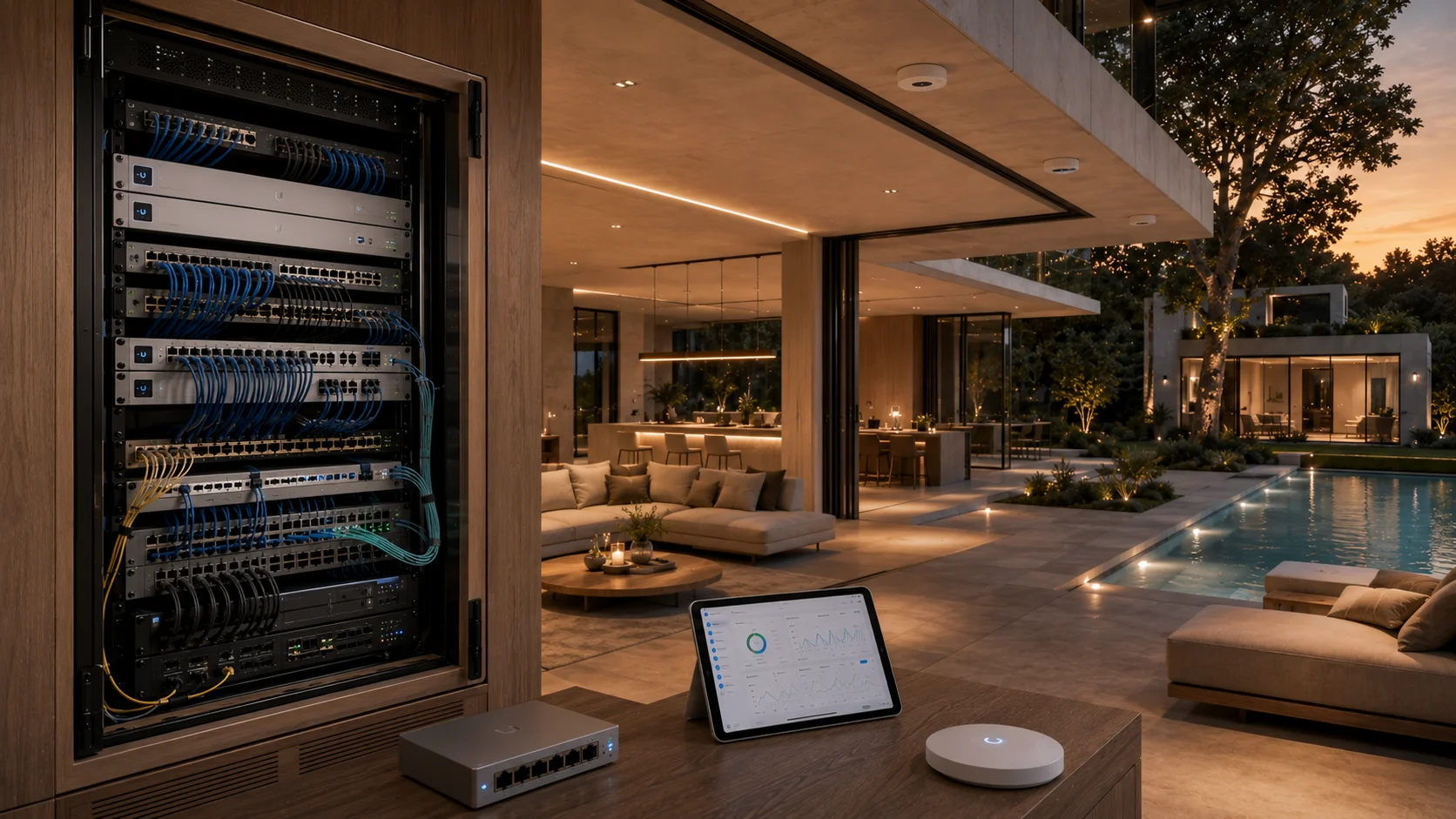Ubiquiti UniFi access point gemonteerd aan een wit plafond in een moderne woning