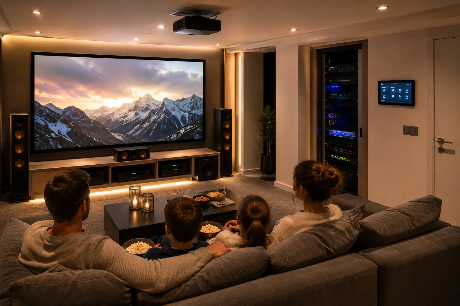 Luxe home cinema ruimte met groot projectiedoek en gedimd sfeerverlichting