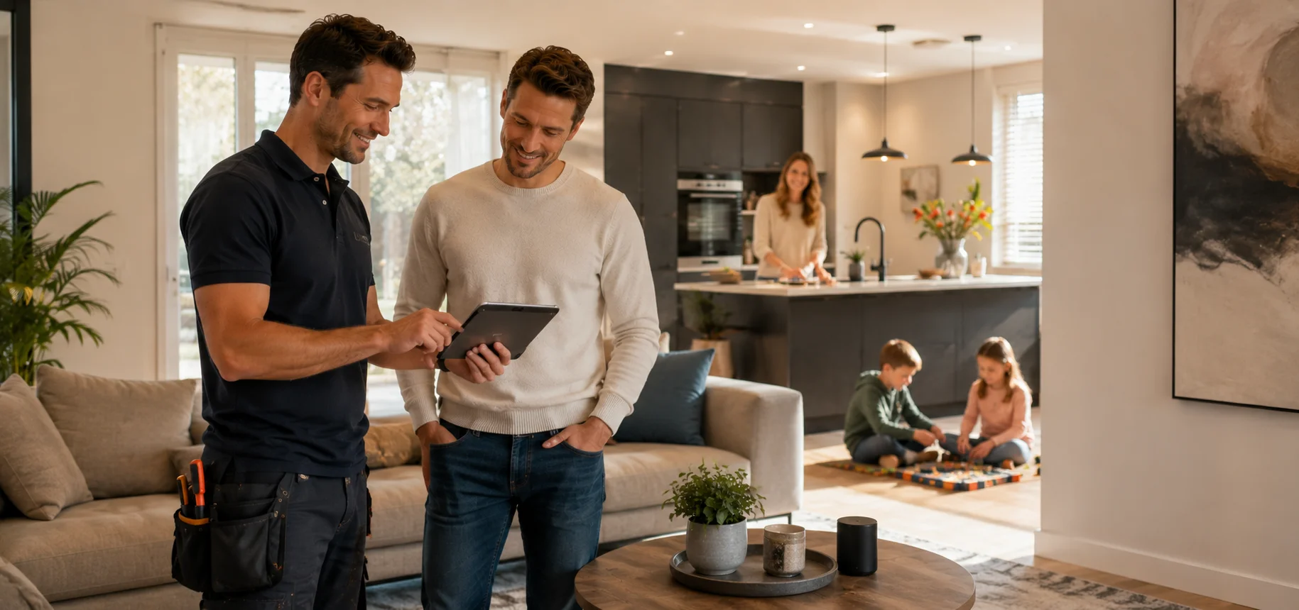 IT-professional werkt remote aan het netwerks van een luxe woning