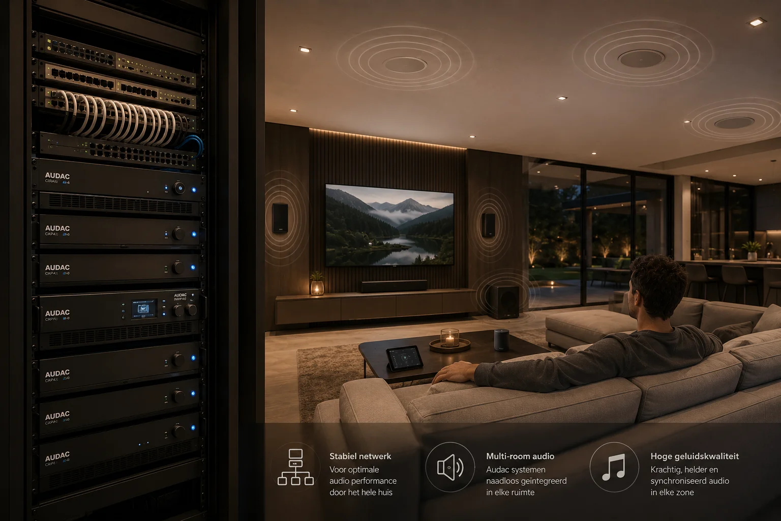 Audac versterker en luidspreker in een moderne woonkamer met PoE-netwerkapparatuur