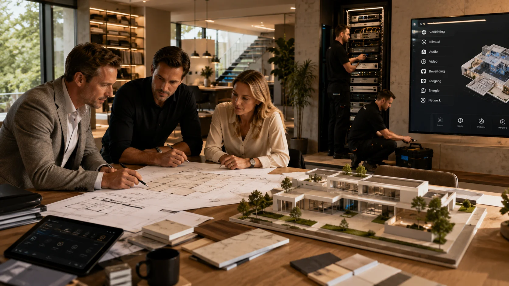 Architect bekijkt bouwtekeningen van een luxe villa met aandacht voor technische installaties