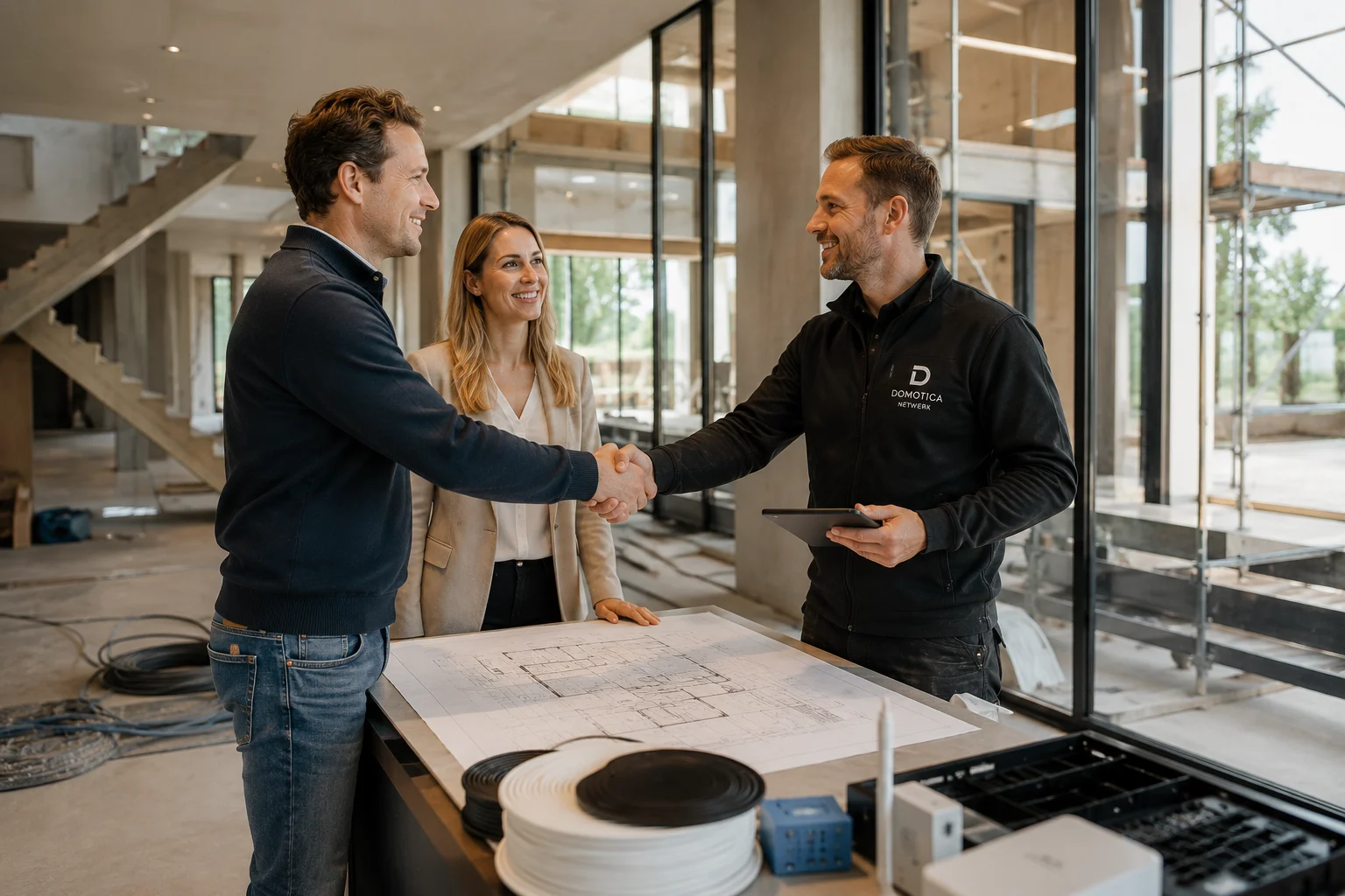 Twee installateurs overleggen over een domotica-installatie in een villa