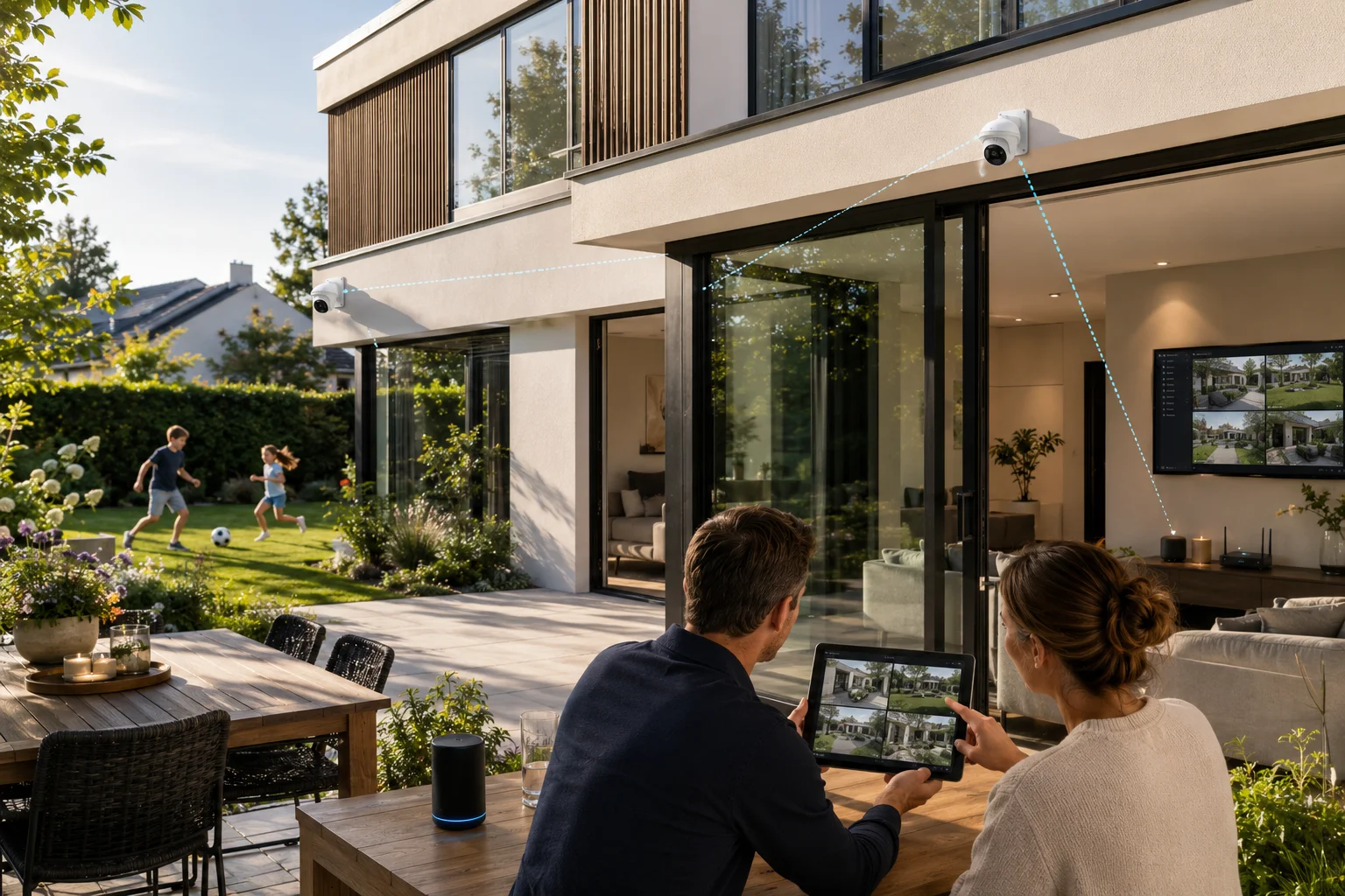 IP-beveiligingscamera gemonteerd aan gevel van een moderne luxe woning