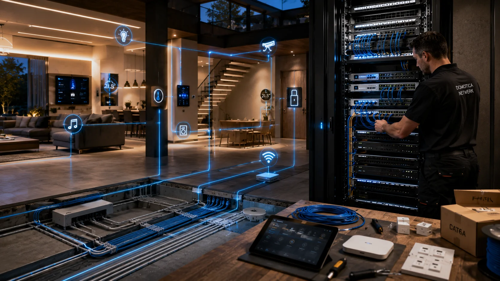 Technici legt gestructureerde netwerkkabels in een technische ruimte van een villa